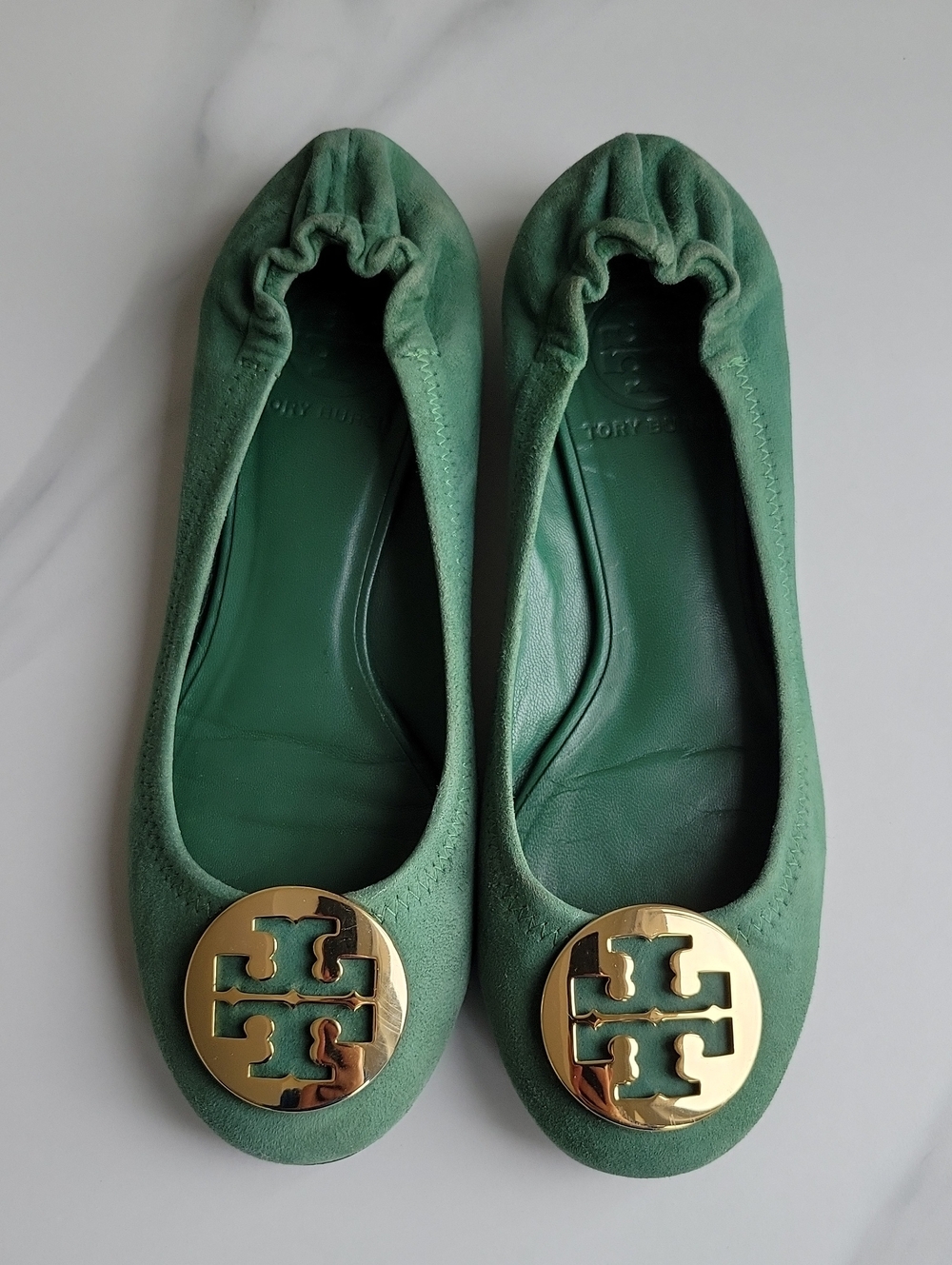 Tory Burch Emerald Green Suede Logo Ballet Flats